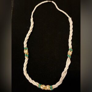 Pearl-like Cream, Blue, & Turquoise Beaded Necklace